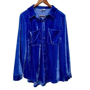 Cato Blue Velvet Button Down Shirt Long Sleeve Size 14 16W